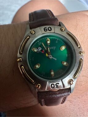 Vintage Disney Brown Leather Strap Watch with Green Dial and Gold Accents